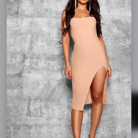 NEW Boohoo tan split mini sheath dress size 10 - Picture 1 of 8